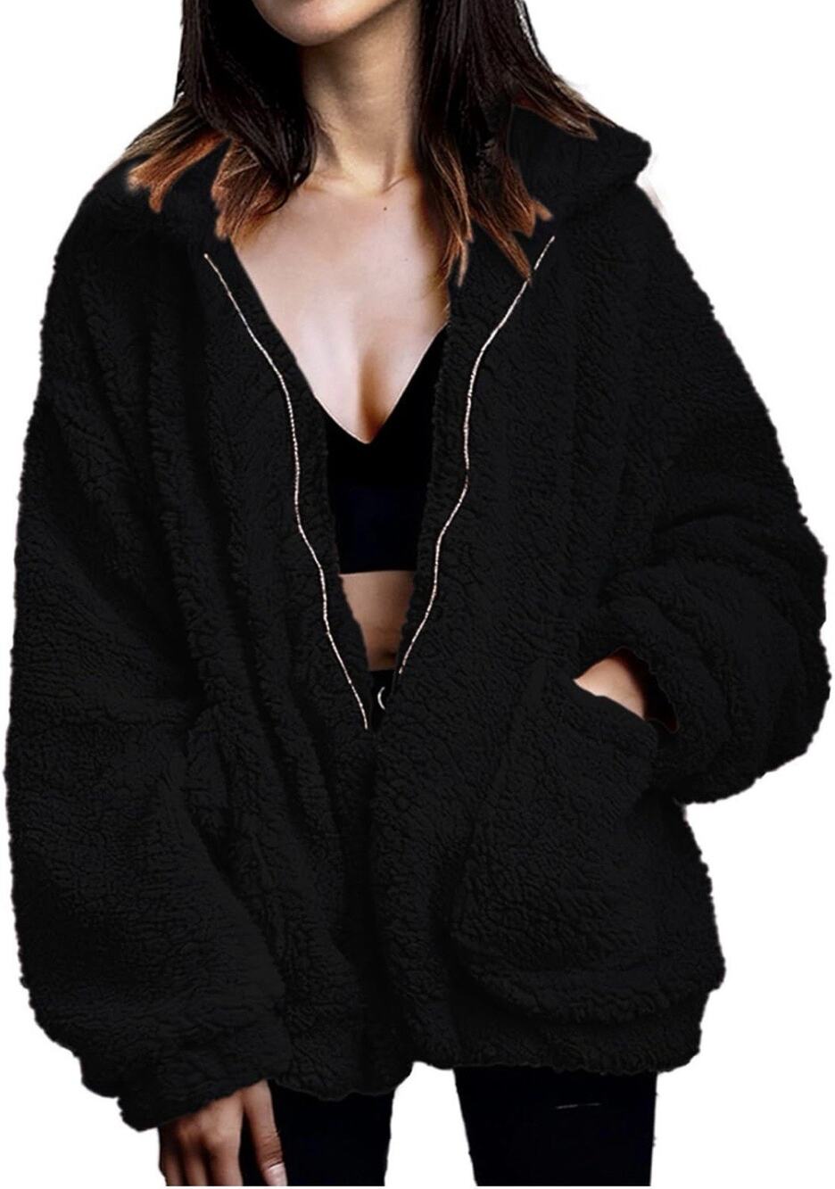 Women’s Fuzzy Sherpa Jacket Medium Black Oversized Zip‎ Coat NWT
